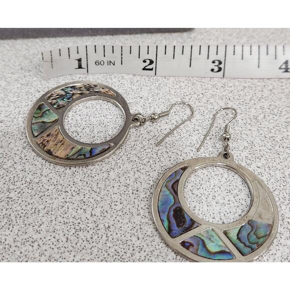 Silver Inlaid Abalone Shell Round Dangle Fish Hook Earrings 2.5 Inches Long - Picture 4 of 4